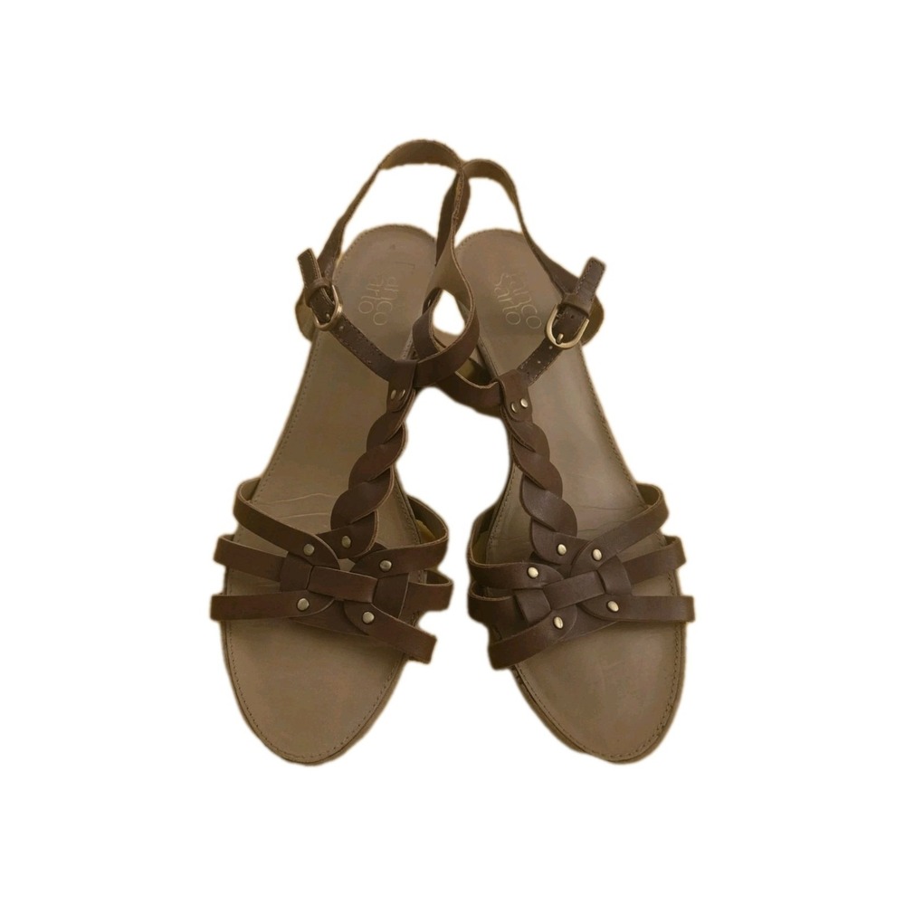 Franco Sarto Brown Leather Braided T-Strap Sandals‎ Womens 8.5